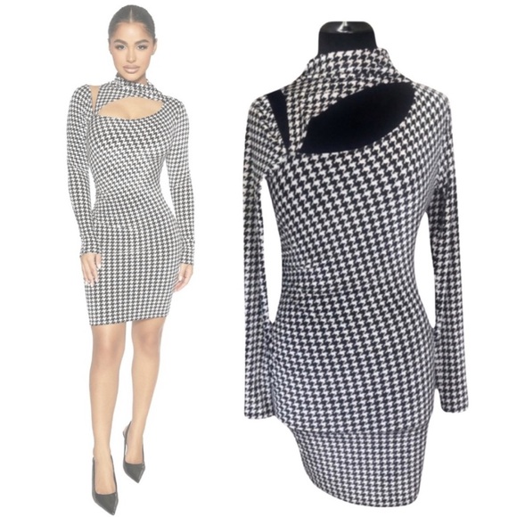 naked wardrobe Dresses & Skirts - NWT NAKED WARDROBE Houndstooth Long sleeve Velvet Mini Dress (L)